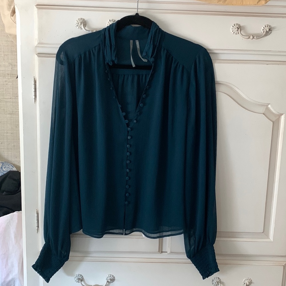 Teal double layer sheer Anthropologie button up blouse